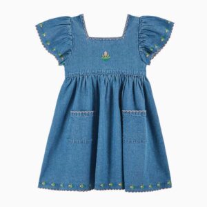 EMILE ET IDA Embroidered Denim Dress in Light Denim