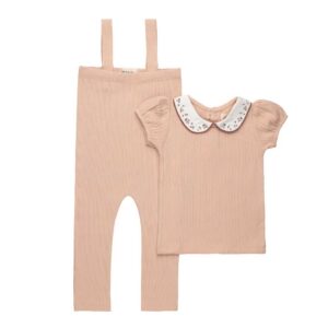 Girls Bodysuit and Overalls – Pink – Embroidered Collar