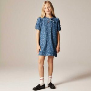 Girls' puff-sleeve cherry dress in drapey denim