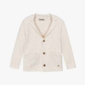 Mayoral Boys Beige Cotton Knit Cardigan with Notched Lapel