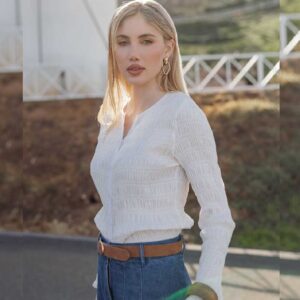 RAVE ON TREND Ruched Button-Down Top - White