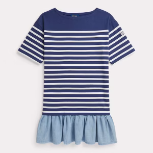 Striped Chambray-Skirt Cotton Dress