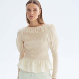 Smocked Viscose-Blend Blouse Light beige