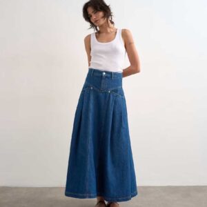 Topshop denim yoke pleated maxi skirt in rich blue