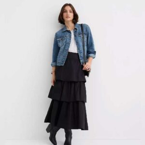Yoke Poplin Ruffle Tiered Midi Skirt