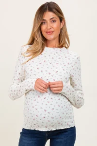 Ivory Floral Crinkled Texture High Neck Maternity Long Sleeve