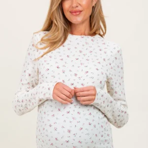 Ivory Floral Crinkled Texture High Neck Maternity Long Sleeve