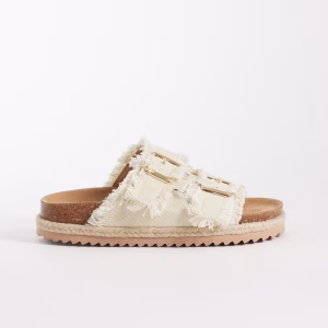 South Beach double buckle espadrille sandals in frayed cream denim