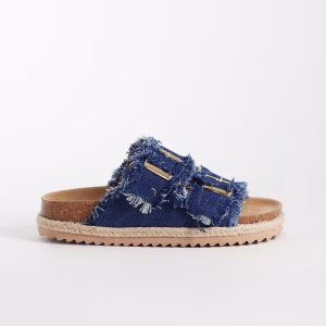 South Beach double buckle espadrille sandals in frayed dark blue denim