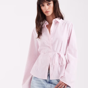 JJXX long sleeve poplin shirt with tie detail in pink stripes
