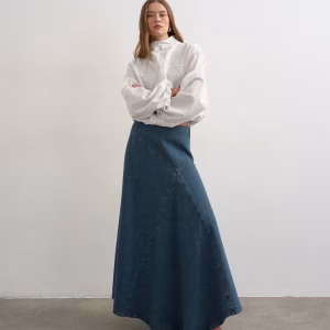 Topshop denim asymmetric dropped waist maxi skirt in blue gray