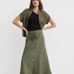 Twill Godet Button Midi Skirt