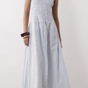 Esmee tie strap shirred maxi beach dress in blue & white stripe
