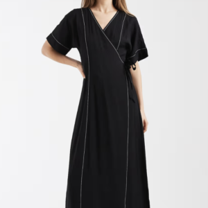Object long maxi wrap dress in black with cream contrast stitching