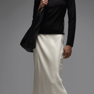 ASOS DESIGN satin lace trim bias cut midi skirt in ecru