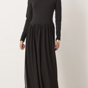 ASOS DESIGN slash neck hybrid scalloped waist detail midi dress in black