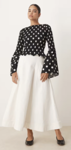 ASOS DESIGN shirred bodice long sleeve in black polka dot