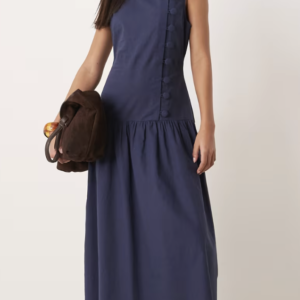 ASOS DESIGN slash neck asymmetric vest midaxi sundress with dropped waist in navy