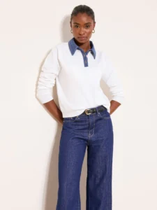 Lipsy White Denim Collar Tipped Knitted Long Sleeve Jumper