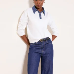 Lipsy White Denim Collar Tipped Knitted Long Sleeve Jumper