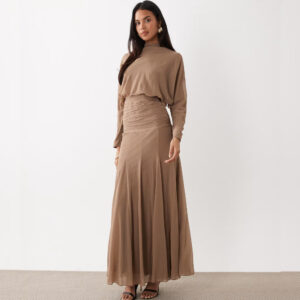 ASOS DESIGN chiffon sheered waist panel godet maxi dress in Taupe
