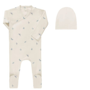 Baby Boy Footie and Beanie – Ivory Blue – Dragonfly