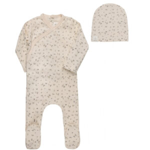 Baby Boy Footie and Beanie – Ivory Blue – Floral Rib
