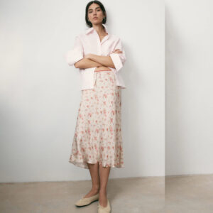 BHOEM Cream Satin Micro Flower Print Midi Skirt