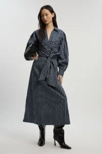 KarenMillen Stripe Cotton Poplin Drama Sleeve Woven Wrap Detail Shirt Dress