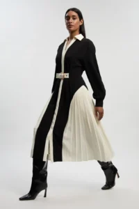 KarenMillen Tailored Crepe Colour Block Belted Pleated Midi Dress