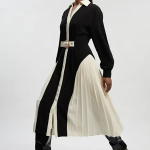 KarenMillen Tailored Crepe Colour Block Belted Pleated Midi Dress