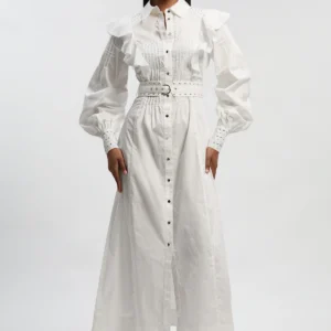 KarenMillen Cotton Sateen Drama Sleeve Studded Woven Maxi Shirt Dress