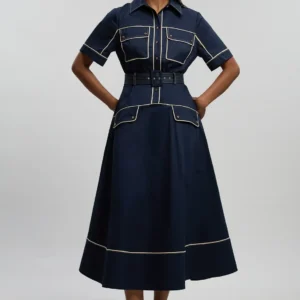 KarenMillen Cotton Sateen Button Detail Woven Midi Shirt Dress With Contrast Piping