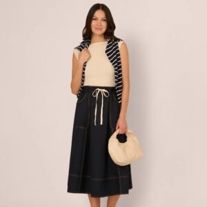 Contrast Stitching Drawstring Midi Skirt In Navy Khaki