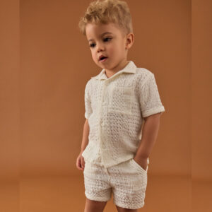Ecru Texture Plain Revere Collar Short Sleeve Shirt And Shorts Set