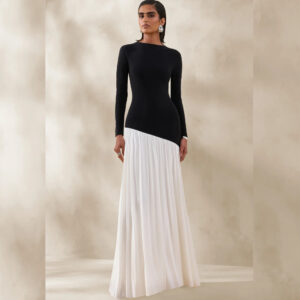 Jasira Black & White Crew-Neck Maxi Dress With Asymmetric Drop-Waist