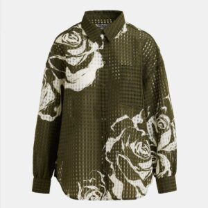 Khaki and off-white oversized sheer printed shirt