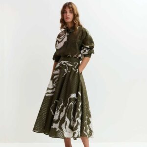 Khaki and off-white pleated midi skirt with flowers