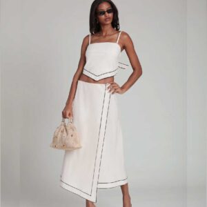 Linen Blend Faux Wrap Maxi Slip Skirt