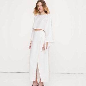 Linen Wrap Maxi Skirt Ivory Magnolia Flower