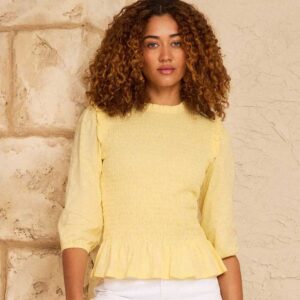 Love & Roses Yellow Frill Shoulder Shirred 3/4 Sleeve Jersey Top