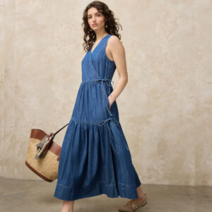 Mid Blue Denim Tiered Maxi Wrap Dress