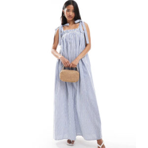 Miss Selfridge strappy poplin maxi smock dress in blue stripe