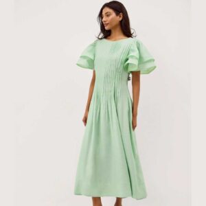 Monsoon Green Pelia Flutter Sleeve Pleated Midi Dress