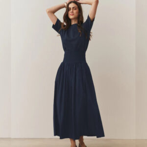 Navy Blue Shirred Maxi Skirt Navy Blue