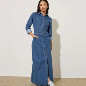 PixieGirl Petite Blue Stretch Maxi Denim Shirt Dress