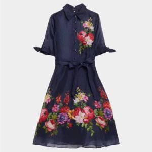 Rickie Freeman for Teri Jon Silken Linen Floral-Print Shirtdress