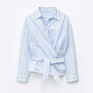 Tie-Waist Cotton Shirt Blue/White Stripes