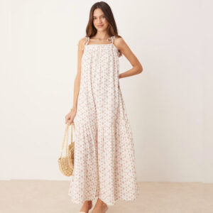 YAS tie shoulder boho smock maxi dress in ditsy pink floral print