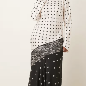 ASOS DESIGN Curve satin maxi dress with lace trim in black and white polka dots